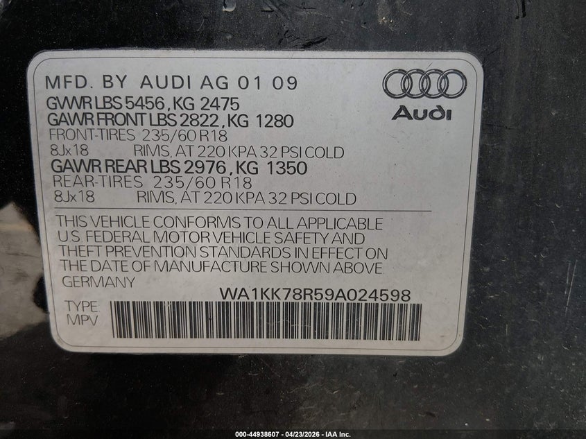 2009 Audi Q5 VIN WA1KK78R59A024598 IAAI salvage auction — FRONT END, Salvage (Colorado), sold $375 on 2026-07-14 (photo 9)