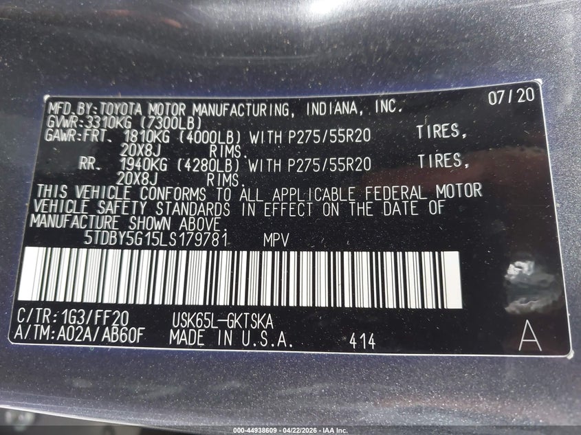 2020 Toyota Sequoia VIN 5TDBY5G15LS179781 IAAI salvage auction — FRONT END, Salvage (Hawaii), sold $11,000 on 2026-07-14 (photo 9)