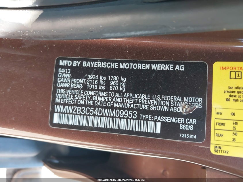2013 Mini Countryman VIN WMWZB3C54DWM09953 IAAI salvage auction — ROLLOVER, Wait Title, sold $0 on 2026-10-13 (photo 9)