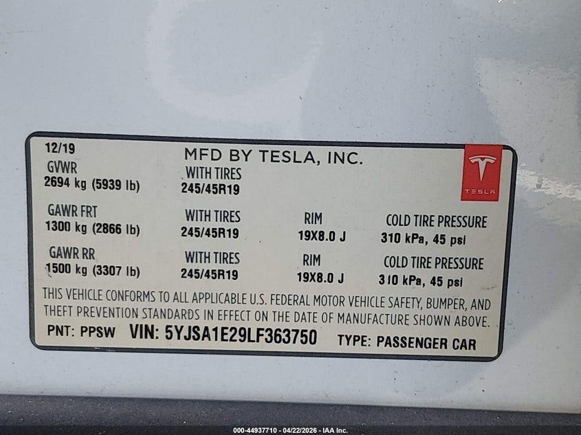 2020 Tesla Model s VIN 5YJSA1E29LF363750 IAAI salvage auction — RIGHT SIDE, Salvage (Nevada), sold $8,000 on 2026-07-31 (photo 9)
