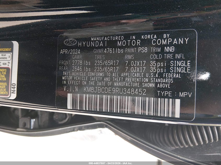 2024 Hyundai Tucson VIN KM8JBCDE9RU348452 IAAI salvage auction — REAR END, Salvage (Kansas), sold $3,100 on 2026-07-29 (photo 9)