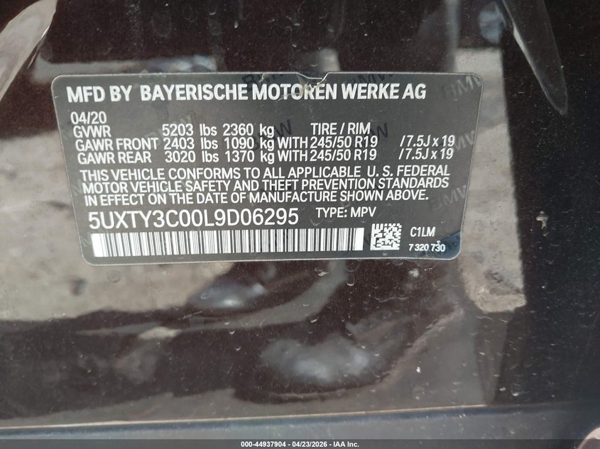 2020 BMW X3 VIN 5UXTY3C00L9D06295 IAAI salvage auction — FRONT END, Salvage Title, sold $5,900 on 2026-07-22 (photo 9)