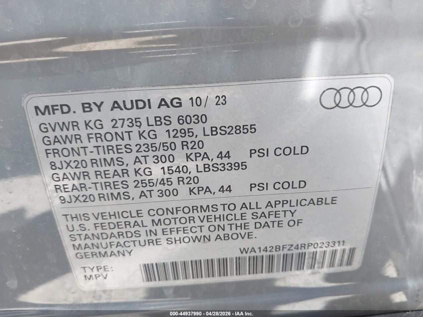 2024 Audi Q4 sportback e-tron VIN WA142BFZ4RP023311 IAAI salvage auction — FRONT END, Salvage Title, sold $13,600 on 2026-07-25 (photo 9)