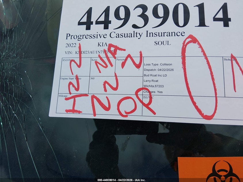 2022 Kia Soul VIN KNDJ23AU1N7171775 IAAI salvage auction — FRONT END, Salvage (Kansas), sold $750 on 2026-07-31 (photo 7)