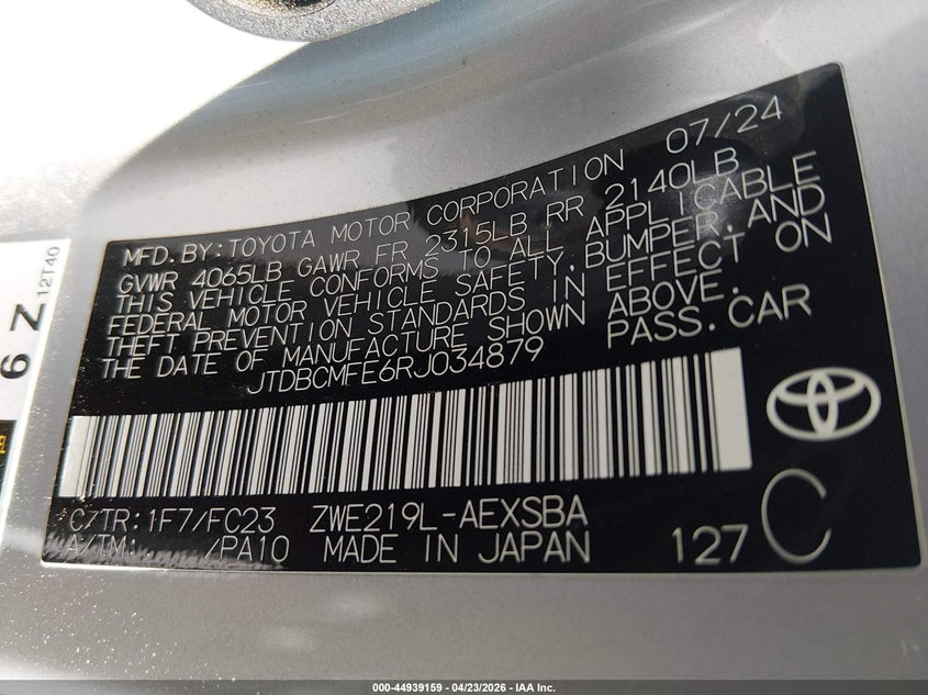 2024 Toyota Corolla VIN JTDBCMFE6RJ034879 IAAI salvage auction — BIO HAZARD, Bill Of Sale (Colorado), sold $4,750 on 2026-07-28 (photo 9)