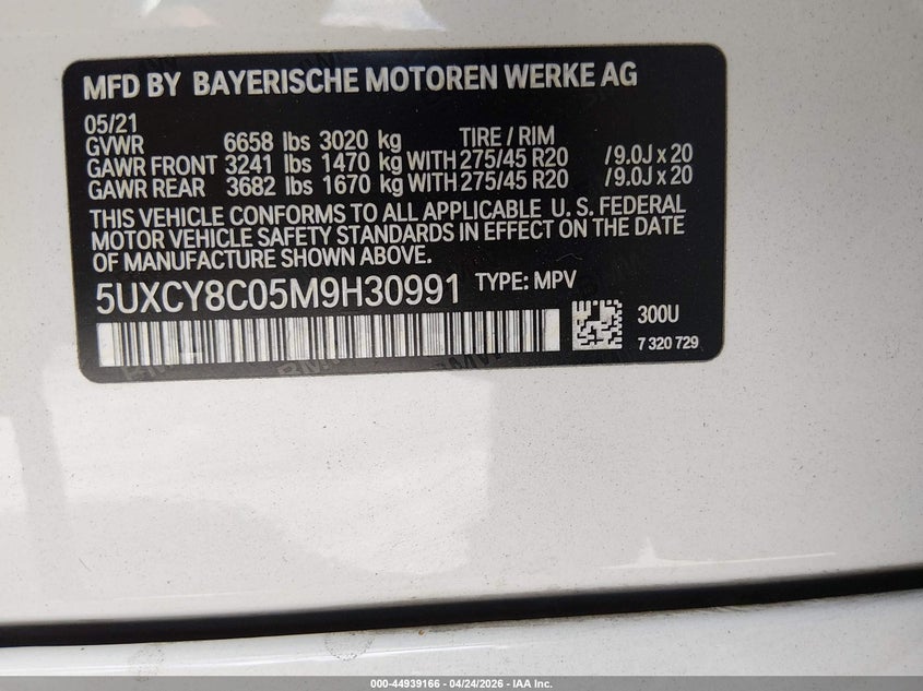 2021 BMW X6 VIN 5UXCY8C05M9H30991 IAAI salvage auction — FRONT END, Salvage (California), sold $18,200 on 2026-07-30 (photo 9)