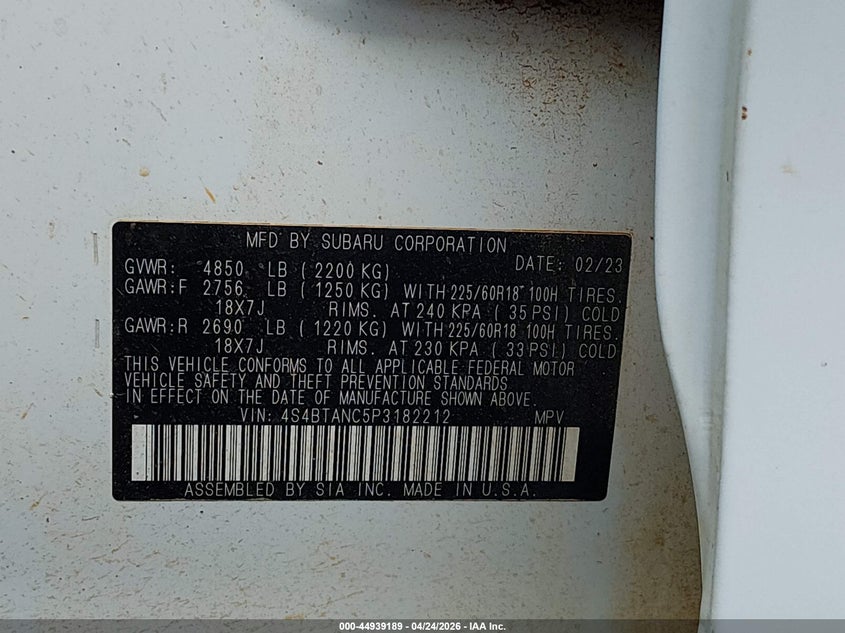 2023 Subaru Outback VIN 4S4BTANC5P3182212 IAAI salvage auction — REAR END, Clear (Oklahoma), sold $1,750 on 2026-07-21 (photo 9)
