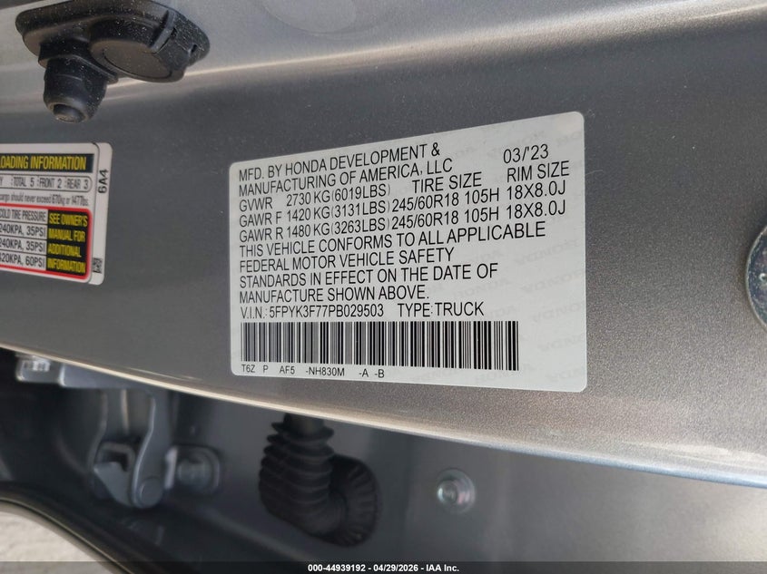 2023 Honda Ridgeline VIN 5FPYK3F77PB029503 IAAI salvage auction — REAR END, Salvage (Massachusetts), sold $11,600 on 2026-07-28 (photo 9)