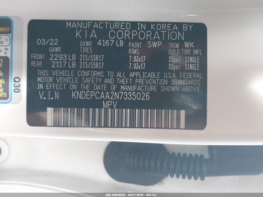 2022 Kia Seltos VIN KNDEPCAA2N7335026 IAAI salvage auction — LEFT SIDE, Salvage (Hawaii), sold $2,225 on 2026-07-28 (photo 9)