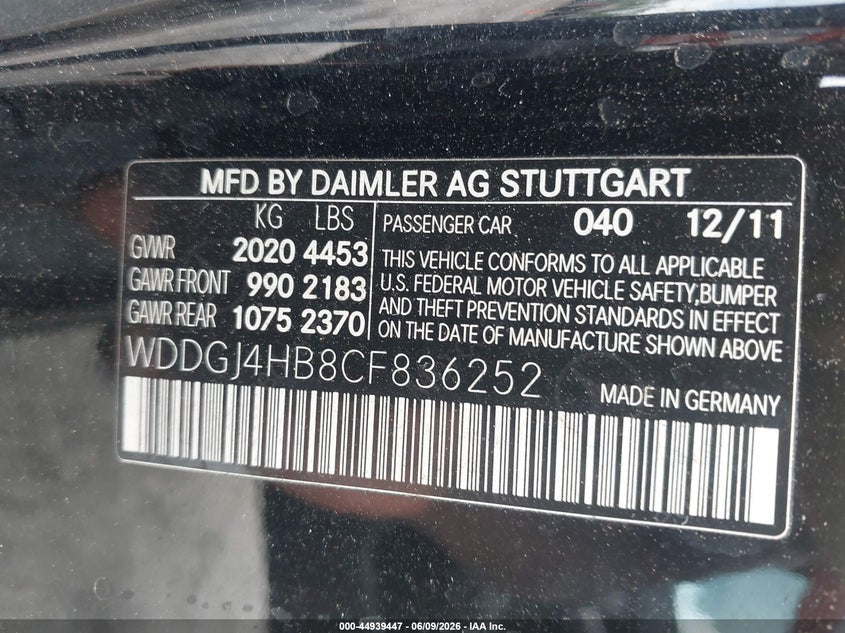2012 Mercedes-benz C-klasse VIN WDDGJ4HB8CF836252 IAAI salvage auction — NORMAL WEAR, Clear (Florida), sold $625 on 2026-07-07 (photo 9)