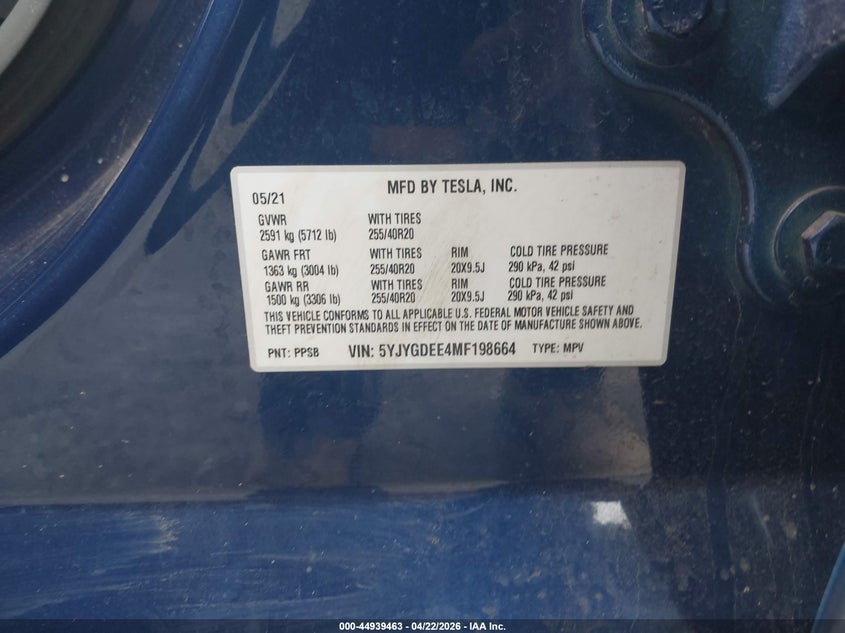 2021 Tesla Model y VIN 5YJYGDEE4MF198664 IAAI salvage auction — RIGHT SIDE, Salvage (Hawaii), sold $6,900 on 2026-07-16 (photo 9)