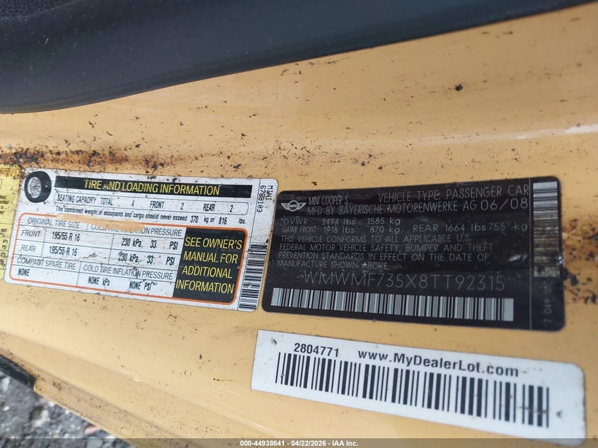 2008 Mini Cooper VIN WMWMF735X8TT92315 IAAI salvage auction — FRONT END, Bill Of Sale (New York), sold $425 on 2026-08-11 (photo 9)