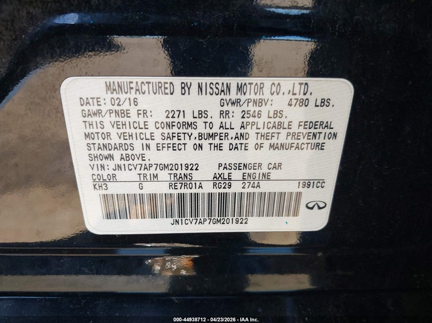2016 Infiniti Q50 VIN JN1CV7AP7GM201922 IAAI salvage auction — SIDE, Salvage (California), sold $2,850 on 2026-09-07 (photo 9)