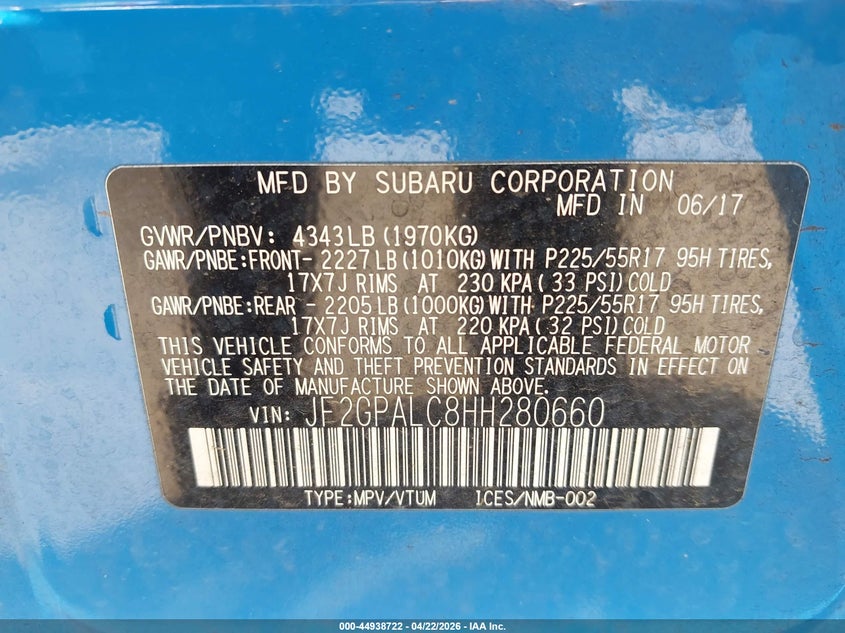 2017 Subaru Xv VIN JF2GPALC8HH280660 IAAI salvage auction — REAR END, Salvage (California), sold $1,950 on 2026-07-15 (photo 9)