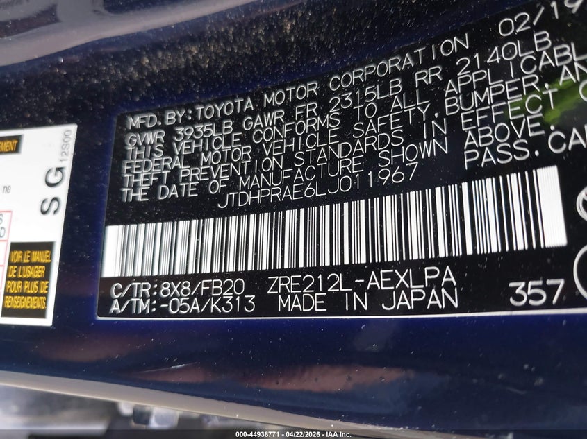 2020 Toyota Corolla VIN JTDHPRAE6LJ011967 IAAI salvage auction — FRONT END, Original (Texas), sold $6,600 on 2026-07-31 (photo 9)