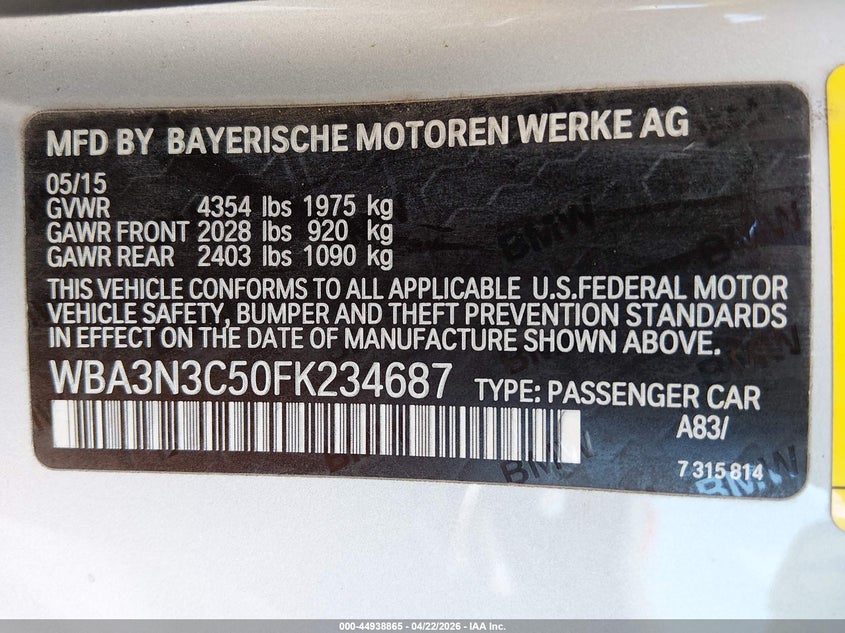 2015 BMW 4er VIN WBA3N3C50FK234687 IAAI salvage auction — WATER/FLOOD, Salvage (Hawaii), sold $4,600 on 2026-08-04 (photo 9)