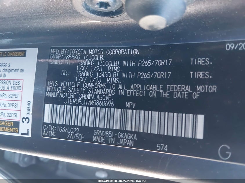 2021 Toyota 4runner VIN JTERU5JR7M5860696 IAAI salvage auction — FRONT END, Salvage (Idaho), sold $12,800 on 2026-07-15 (photo 9)