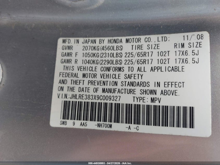 2009 Honda Cr-v VIN JHLRE383X9C009327 IAAI salvage auction — SIDE, Salvage (Hawaii), sold $25 on 2026-07-21 (photo 9)