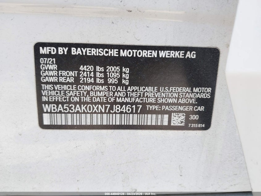 2022 BMW 2er VIN WBA53AK0XN7J84617 IAAI salvage auction — FRONT END, Salvage (Georgia), sold $7,125 on 2026-08-12 (photo 9)