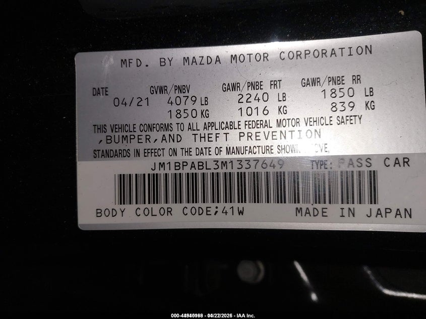2021 Mazda 3 VIN JM1BPABL3M1337649 IAAI salvage auction — LEFT & RIGHT, Clear (Virginia), sold $1,000 on 2026-07-07 (photo 9)