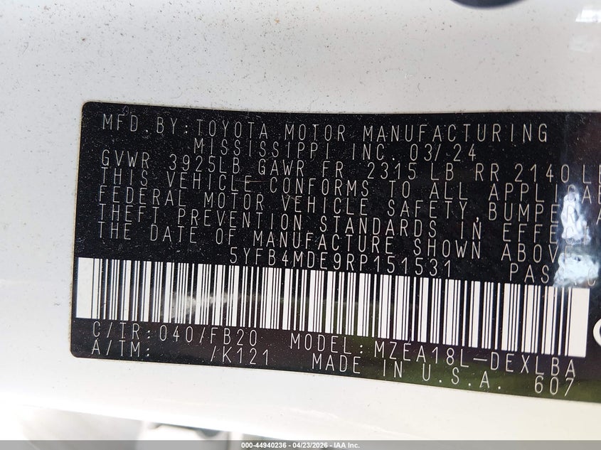 2024 Toyota Corolla VIN 5YFB4MDE9RP151531 IAAI salvage auction — LEFT REAR, Salvage Title, sold $6,975 on 2026-07-08 (photo 9)