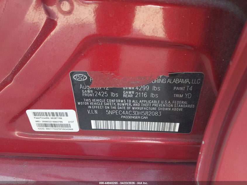2013 Hyundai Sonata VIN 5NPEC4AC3DH582083 IAAI salvage auction — RIGHT FRONT, Salvage (Georgia), sold $300 on 2026-07-10 (photo 9)