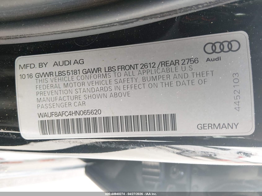 2017 Audi A6 VIN WAUF8AFC4HN065620 IAAI salvage auction — LEFT & RIGHT, Salvage (Illinois), sold $975 on 2026-07-07 (photo 9)
