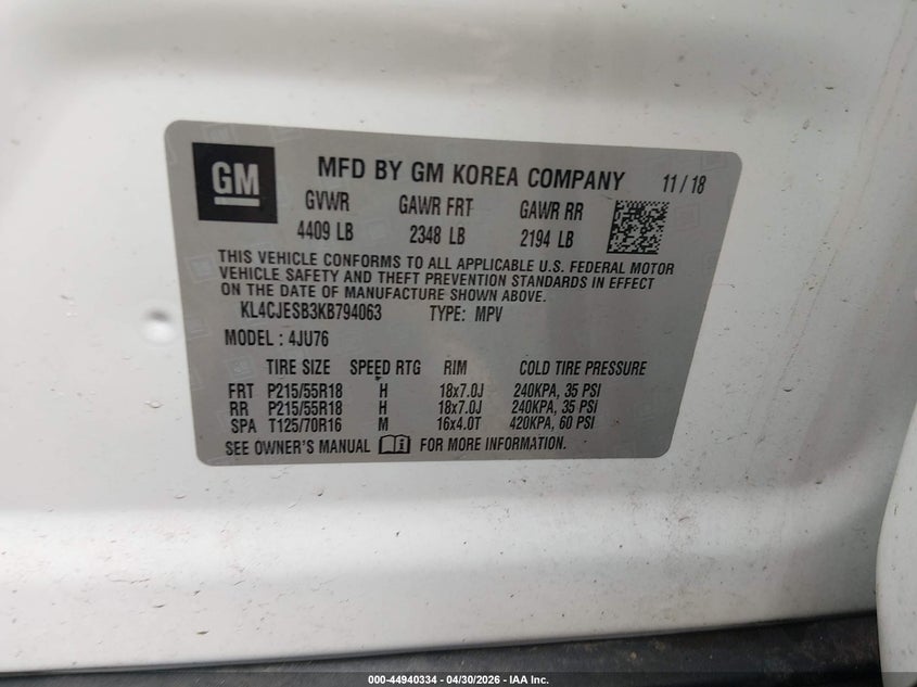 2019 Buick Encore VIN KL4CJESB3KB794063 IAAI salvage auction — FRONT END, Salvage (Massachusetts), sold $1,900 on 2026-07-17 (photo 9)