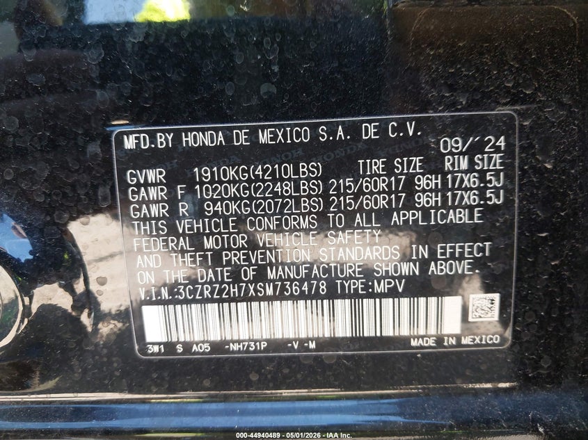 2025 Honda Hr-v VIN 3CZRZ2H7XSM736478 IAAI salvage auction — RIGHT FRONT, Salvage (Tennessee), sold $7,200 on 2026-07-29 (photo 9)
