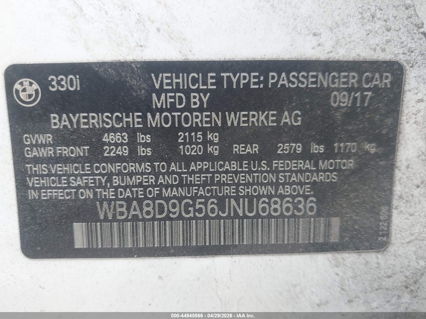 2018 BMW VIN WBA8D9G56JNU68636 IAAI salvage auction — RIGHT SIDE, Salvage (Pennsylvania), sold $2,650 on 2026-07-21 (photo 9)