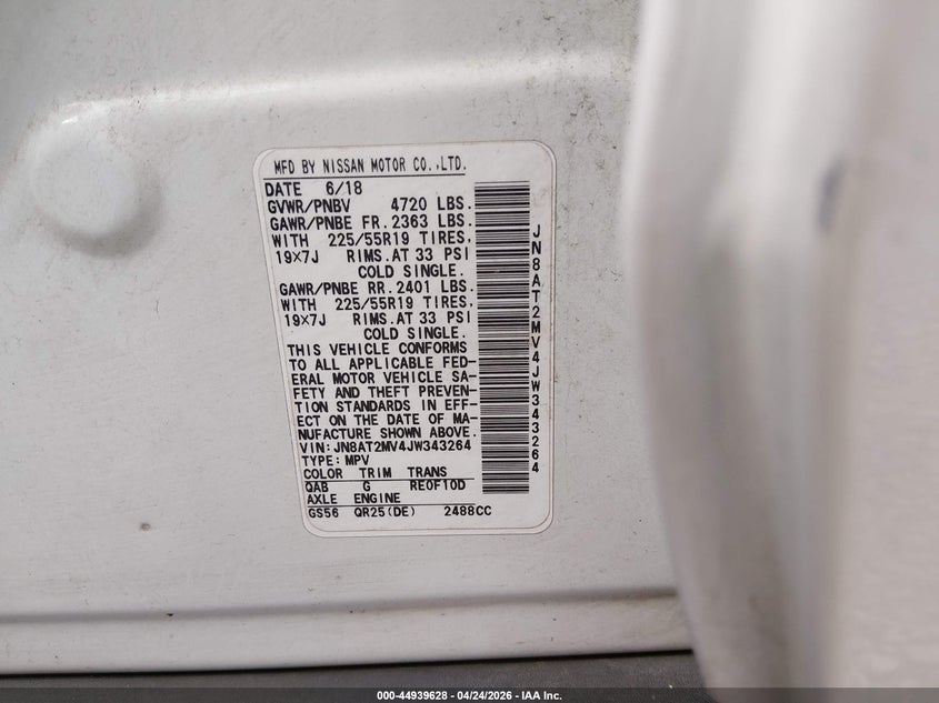 2018 Nissan Rogue VIN JN8AT2MV4JW343264 IAAI salvage auction — BIOHAZARD/CHEMICAL, Bill Of Sale (Kentucky), sold $50 on 2026-07-28 (photo 9)