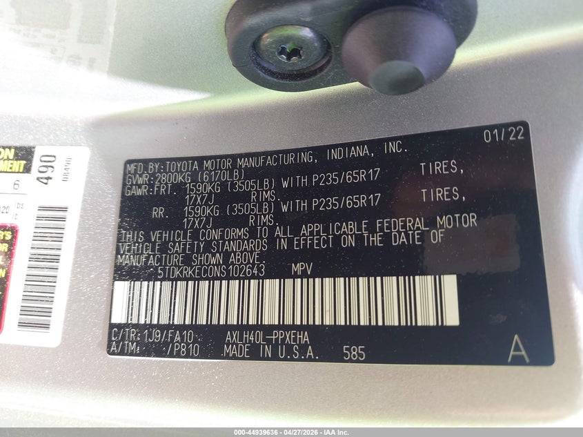 2022 Toyota Sienna VIN 5TDKRKEC0NS102643 IAAI salvage auction — FRONT END, Salvage (Georgia), sold $11,500 on 2026-07-14 (photo 9)