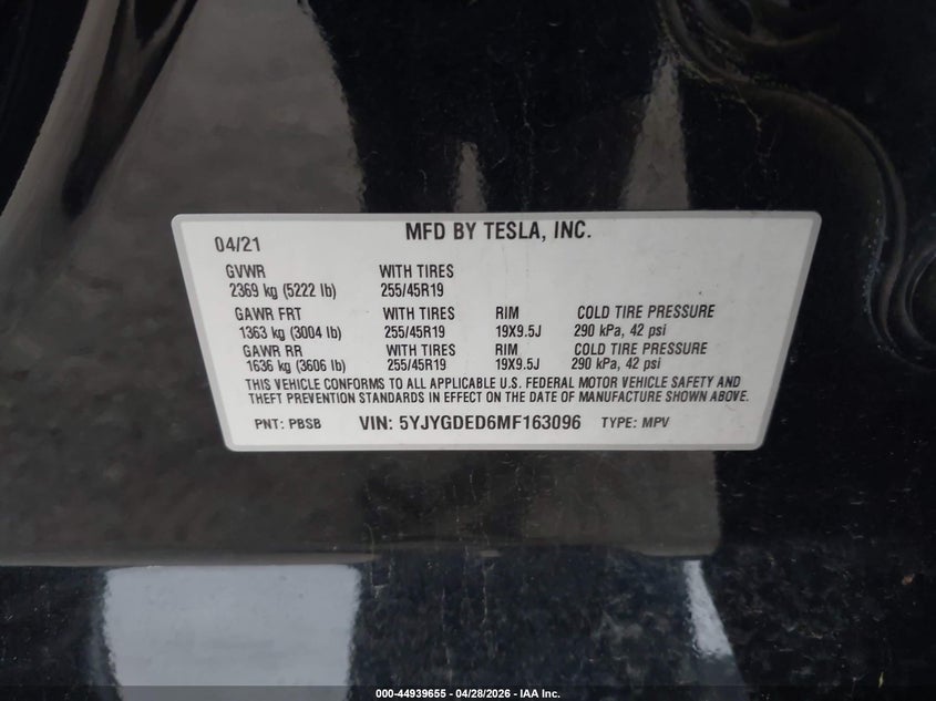 2021 Tesla Model y VIN 5YJYGDED6MF163096 IAAI salvage auction — SIDE, Salvage (Texas), sold $5,800 on 2026-07-25 (photo 9)