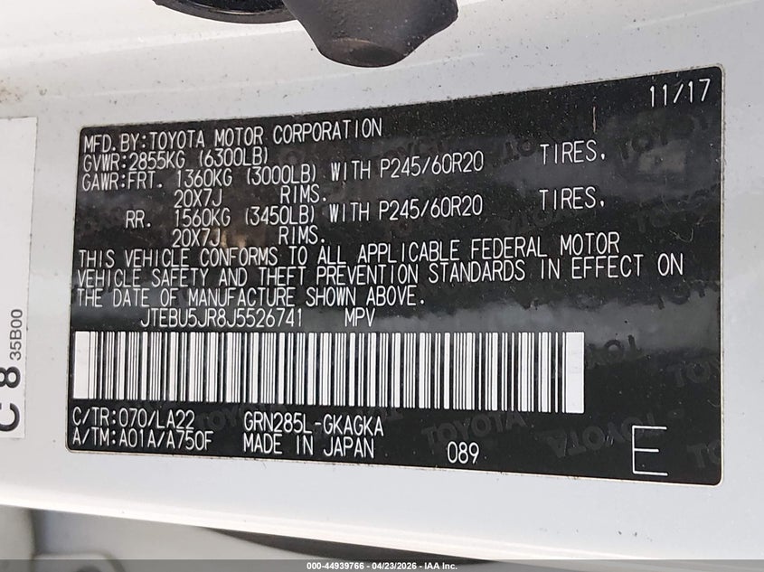 2018 Toyota 4runner VIN JTEBU5JR8J5526741 IAAI salvage auction — ALL OVER, Wait Title, sold $11,250 on 2026-07-22 (photo 9)