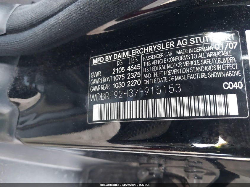 2007 Mercedes-benz C-klasse VIN WDBRF92H37F915153 IAAI salvage auction — FRONT & REAR, Mv-907A (New York), sold $525 on 2026-08-04 (photo 9)