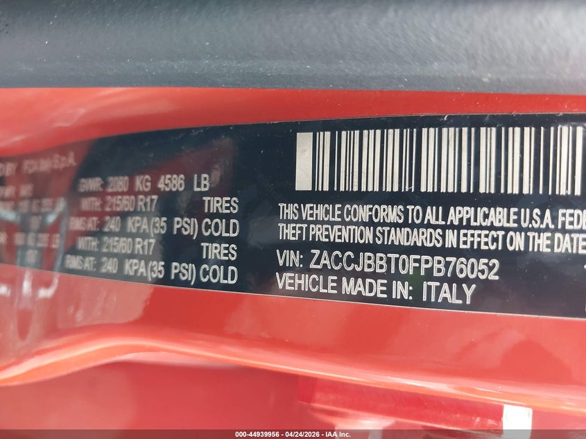 2015 Jeep Renegade VIN ZACCJBBT0FPB76052 IAAI salvage auction — FRONT & REAR, Salvage (Indiana), sold $225 on 2026-07-22 (photo 9)