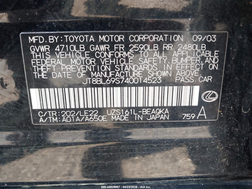 2004 Lexus Gs VIN JT8BL69S740014523 IAAI salvage auction — FRONT END, Salvage (South Carolina), sold $350 on 2026-07-22 (photo 9)
