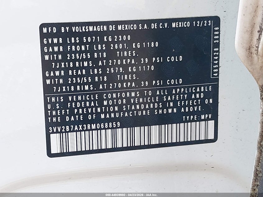 2024 Volkswagen Tiguan VIN 3VV2B7AX3RM068859 IAAI salvage auction — REAR END, Salvage (New Jersey), sold $25 on 2026-07-31 (photo 9)