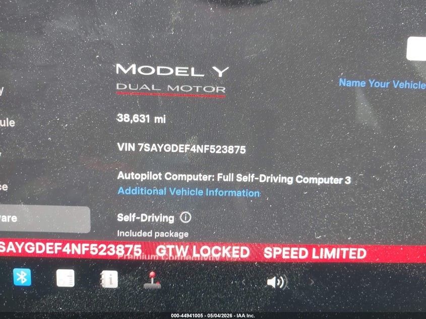 2022 Tesla Model y VIN 7SAYGDEF4NF523875 IAAI salvage auction — LEFT FRONT, Salvage (Arizona), sold $11,500 on 2026-07-30 (photo 7)