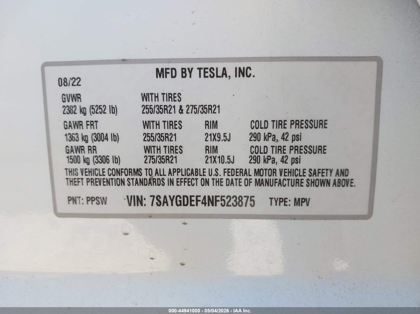 2022 Tesla Model y VIN 7SAYGDEF4NF523875 IAAI salvage auction — LEFT FRONT, Salvage (Arizona), sold $11,500 on 2026-07-30 (photo 9)
