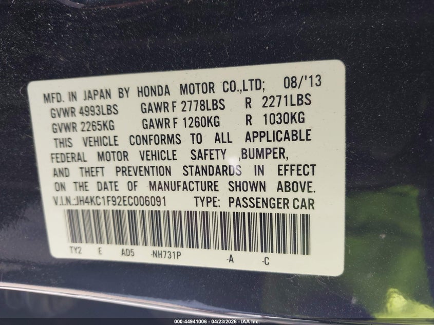 2014 Acura RLX VIN JH4KC1F92EC006091 IAAI salvage auction — SIDE, Salvage Title, sold $175 on 2026-07-22 (photo 9)