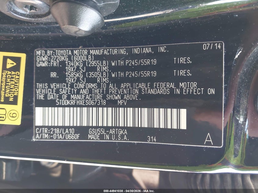 2014 Toyota Highlander VIN 5TDDKRFHXES067318 IAAI salvage auction — RIGHT SIDE, Clear (Indiana), sold $9,700 on 2026-07-07 (photo 9)