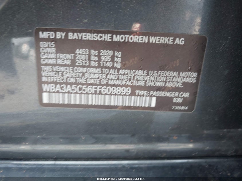 2015 BMW 3er VIN WBA3A5C56FF609899 IAAI salvage auction — ALL OVER, Salvage (Georgia), sold $375 on 2026-07-07 (photo 9)