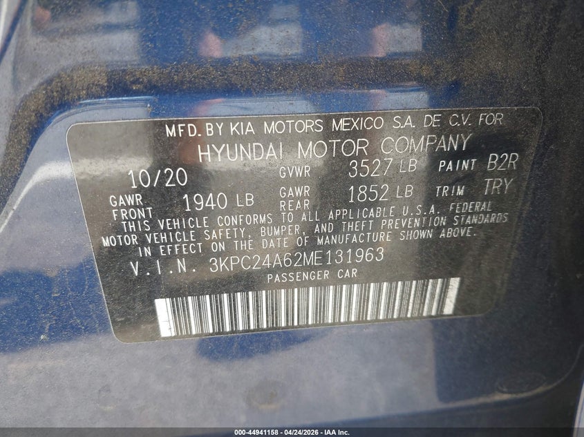 2021 Hyundai Accent VIN 3KPC24A62ME131963 IAAI salvage auction — REAR END, Salvage Title, sold $1,475 on 2026-07-20 (photo 9)