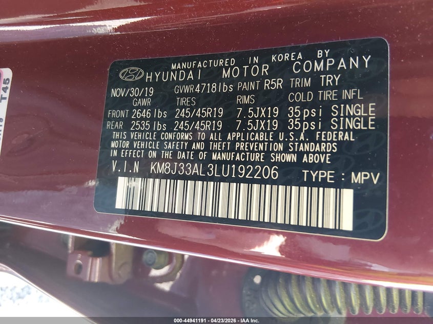 2020 Hyundai Tucson VIN KM8J33AL3LU192206 IAAI salvage auction — LEFT FRONT, Salvage (South Carolina), sold $1,550 on 2026-07-28 (photo 9)