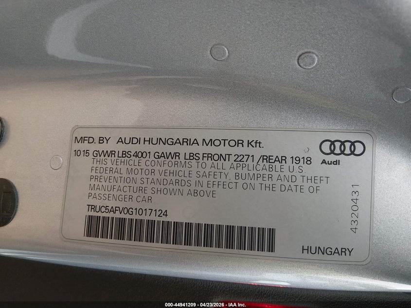 2016 Audi Tt VIN TRUC5AFV0G1017124 IAAI salvage auction — FRONT END, Original (Texas), sold $4,100 on 2026-07-15 (photo 9)