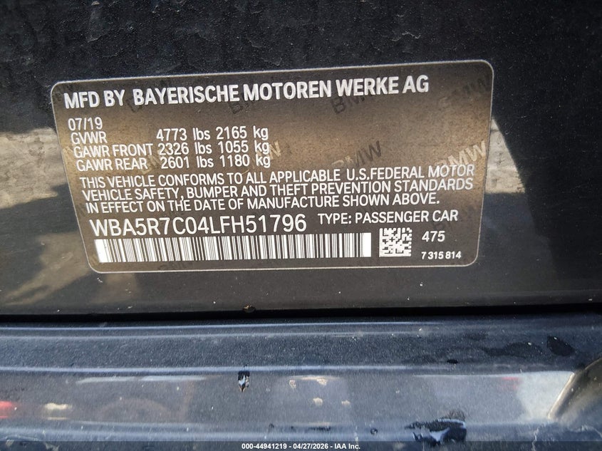 2020 BMW 3er VIN WBA5R7C04LFH51796 IAAI salvage auction — REAR END, Salvage (New Jersey), sold $8,300 on 2026-07-31 (photo 9)