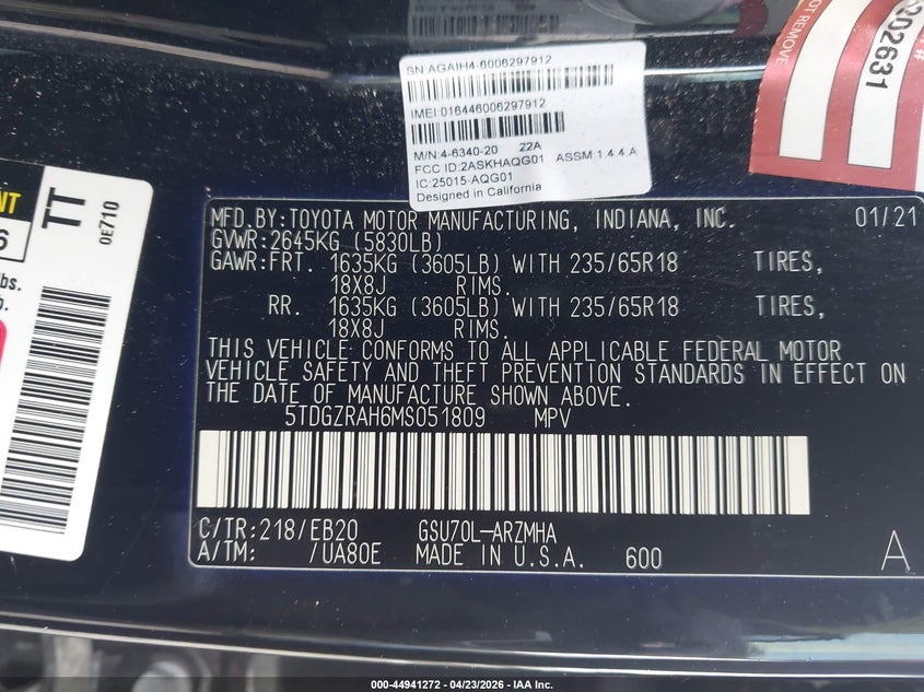 2021 Toyota Highlander VIN 5TDGZRAH6MS051809 IAAI salvage auction — FRONT END, Original (Texas), sold $15,700 on 2026-07-08 (photo 9)