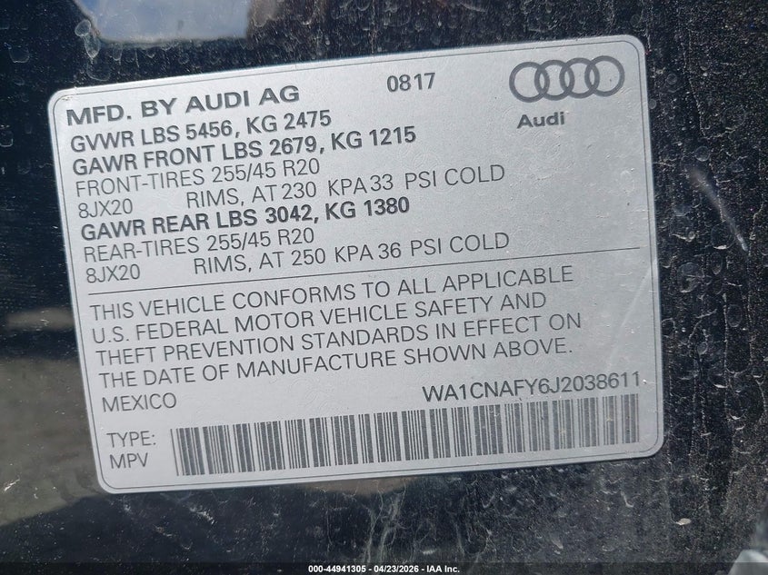 2018 Audi Q5 VIN WA1CNAFY6J2038611 IAAI salvage auction — FRONT END, Salvage (Texas), sold $5,250 on 2026-07-07 (photo 9)