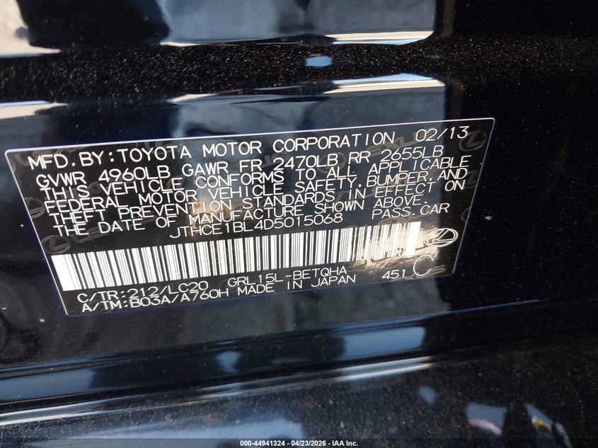 2013 Lexus Gs VIN JTHCE1BL4D5015068 IAAI salvage auction — RIGHT SIDE, Salvage Title, sold $2,925 on 2026-09-30 (photo 9)